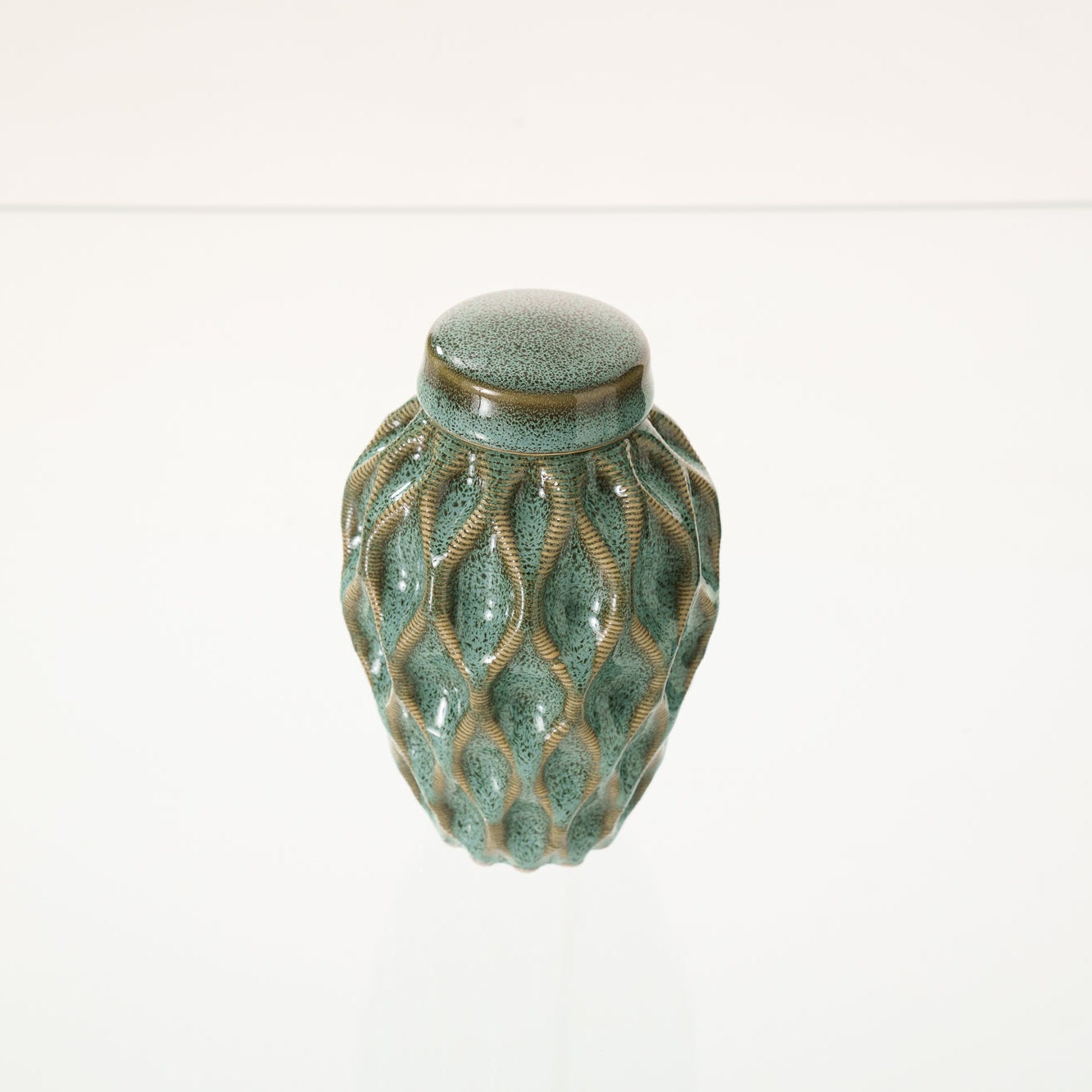 Cremation Urn "Echo" - 3D Printed Ceramic Urn | Oily Green Melange | Keepsake