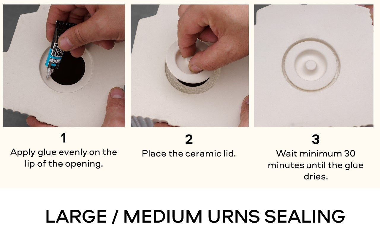 Step-by-step guide on sealing large or medium urns with glue and a ceramic lid.