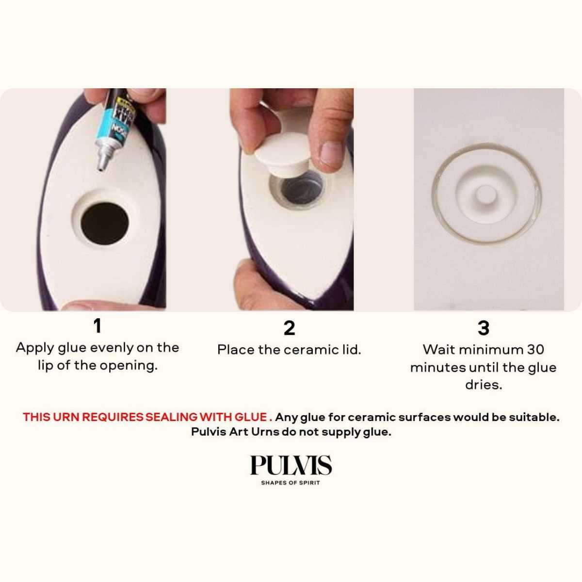 Step-by-step guide on sealing a ceramic urn with glue, featuring hands applying glue and placing a lid.