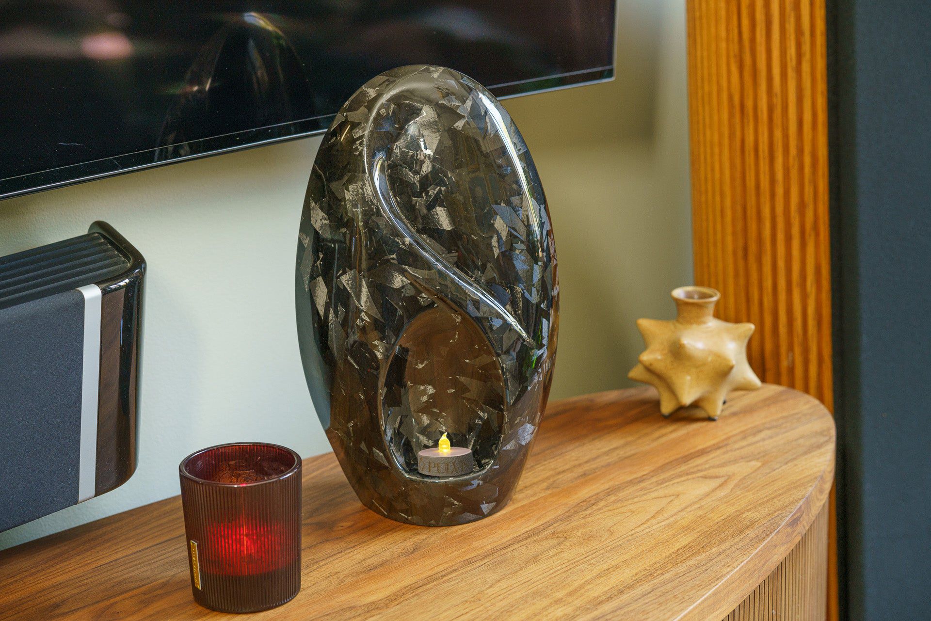 Pulvis Art Urns Adult Size Urn Carbon Fiber Cremation Urn "Eternity" - Forged Carbon | Black | LED Candle