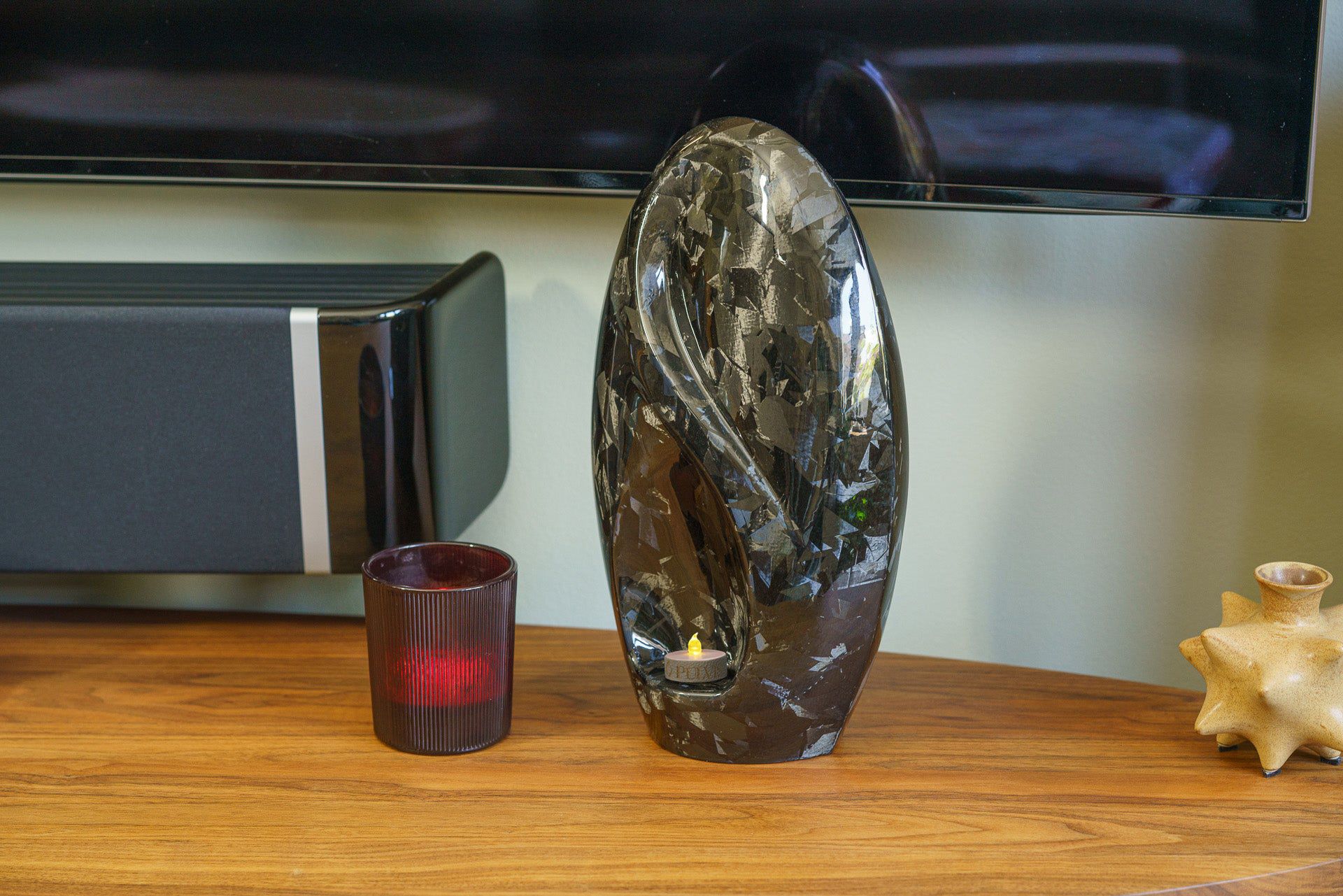 Pulvis Art Urns Adult Size Urn Carbon Fiber Cremation Urn "Eternity" - Forged Carbon | Black | LED Candle