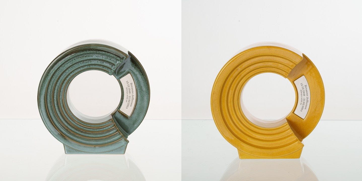 Pulvis Art Urns Adult Size Urn Oily Green Melange / Amber Yellow / YES (+60$) Companion Urn "Solace" - Memorial Urn for Two | Ceramic Double Urn