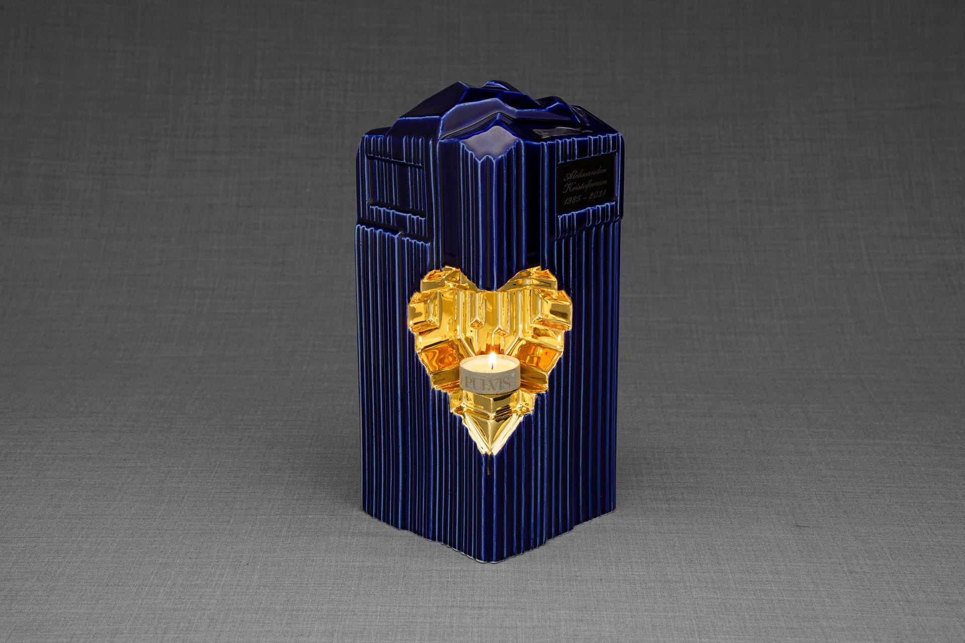 Pulvis Art Urns Adult Size Urn NO (FREE) / GOLD (+20$) Cremation Candle Urn for Ashes "Heart" - Large | Blue Night | Ceramic