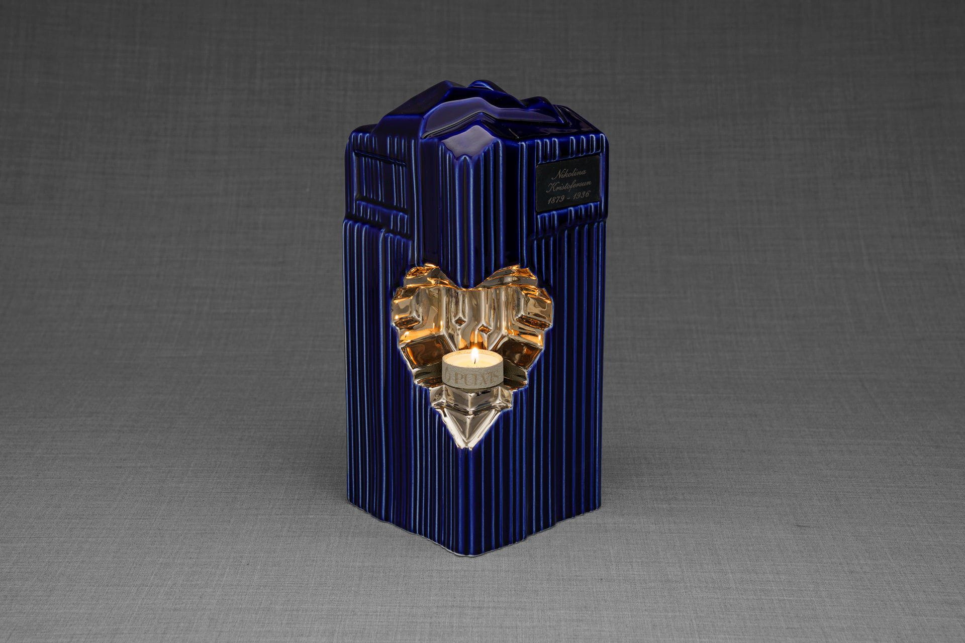 Pulvis Art Urns Adult Size Urn NO (FREE) / PLATINUM (+30$) Cremation Candle Urn for Ashes "Heart" - Large | Blue Night | Ceramic