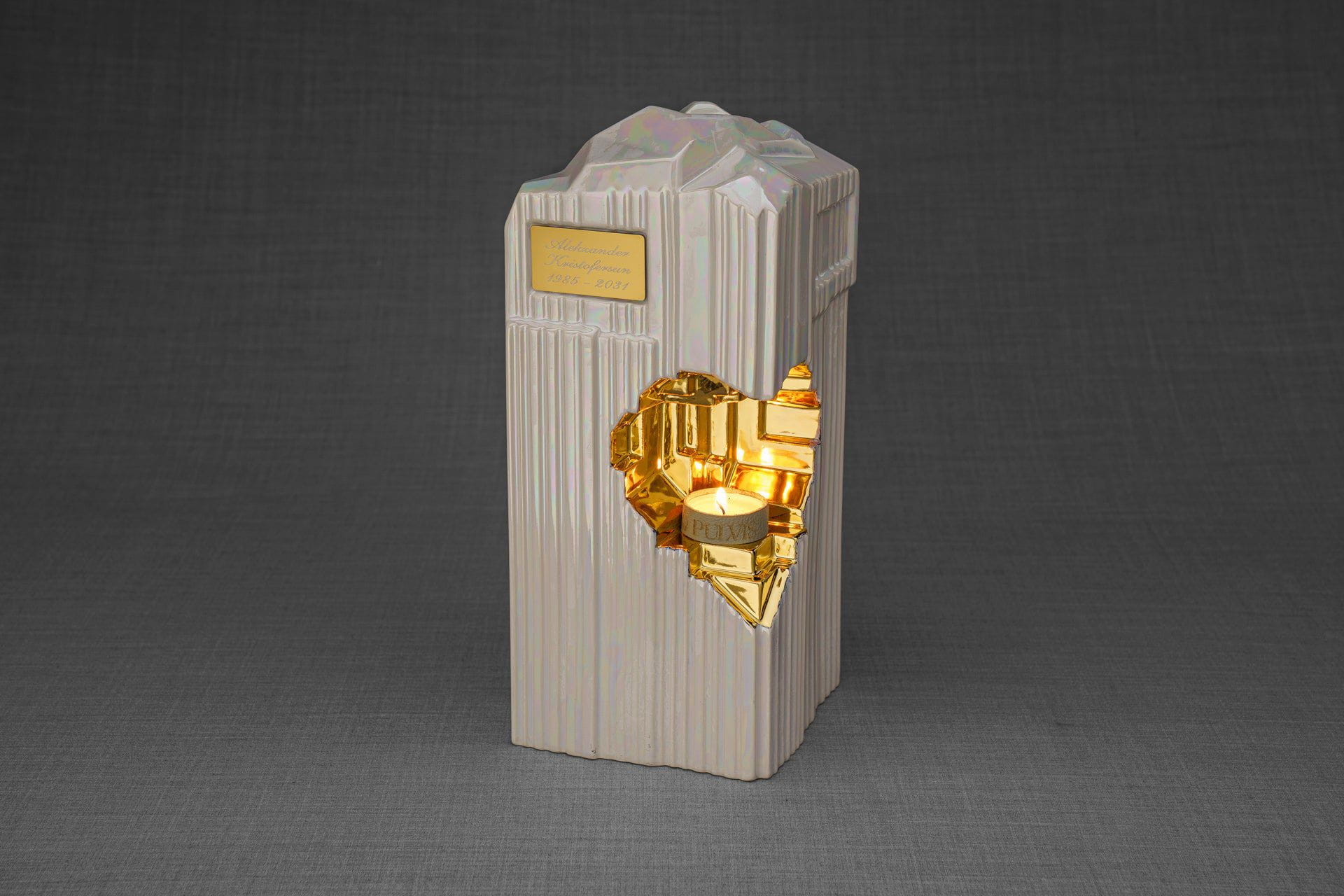 Pulvis Art Urns Adult Size Urn YES (+60$) / GOLD (+20$) Cremation Candle Urn for Ashes "Heart" - Large | Pearly White | Ceramic