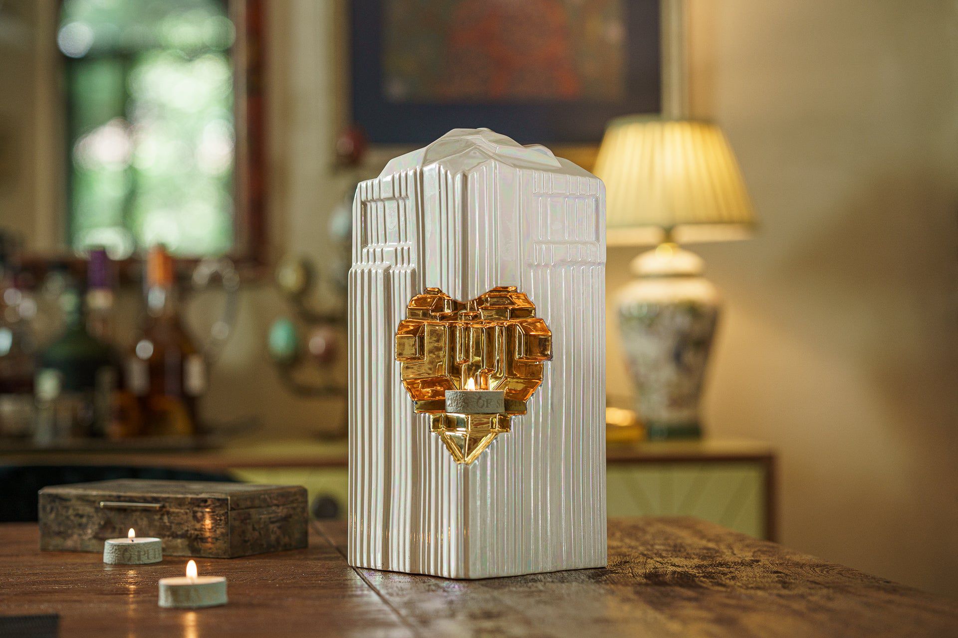 Pulvis Art Urns Adult Size Urn Cremation Candle Urn for Ashes "Heart" - Large | Pearly White | Ceramic