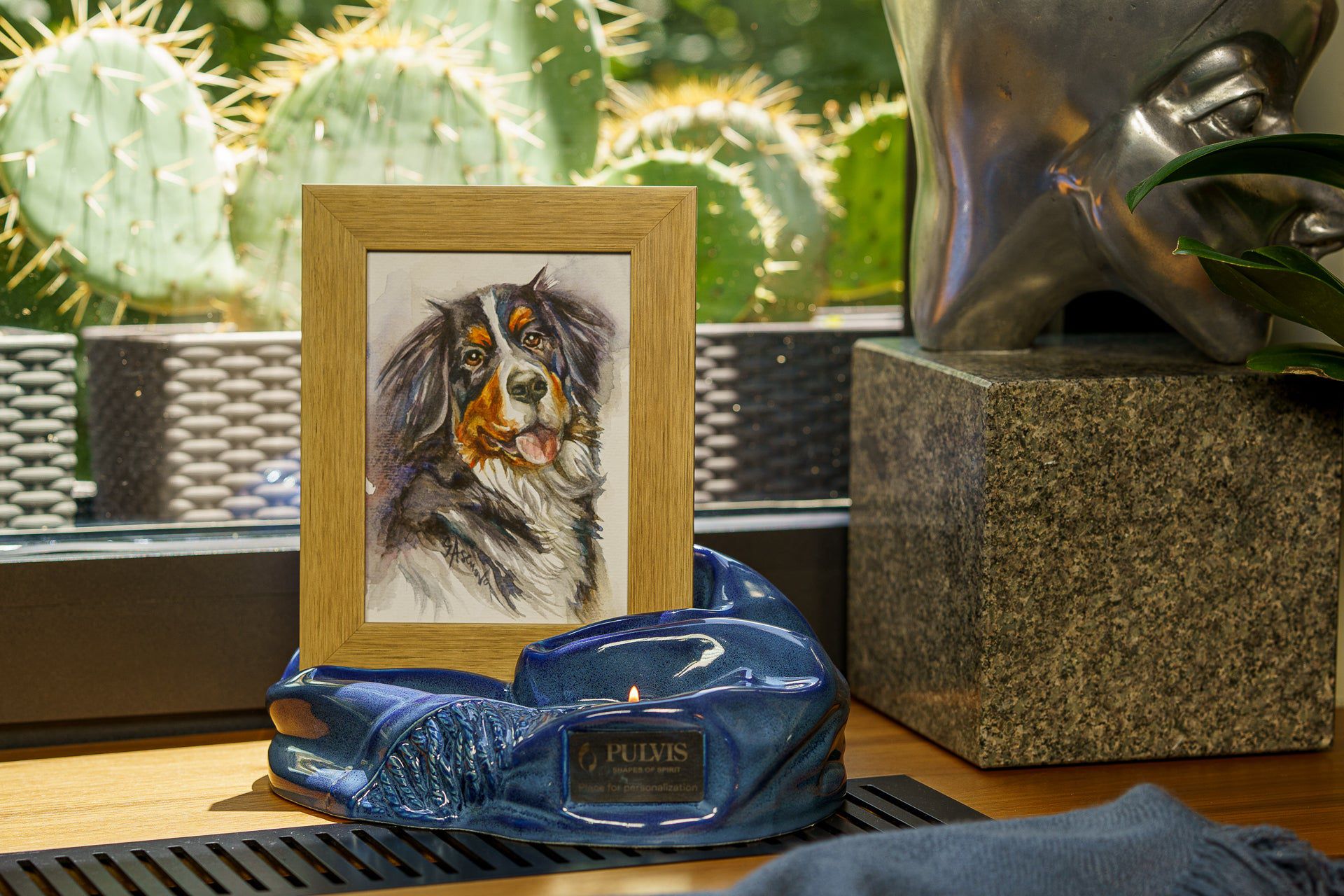Pulvis Art Urns Adult Size Urn Cremation Urn "Cozy" - Blue Melange | Ceramic Picture Frame Urn