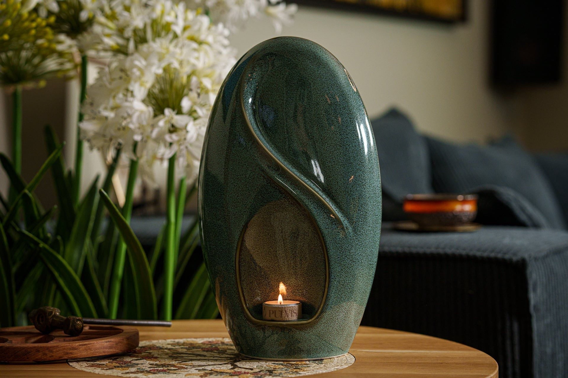 Pulvis Art Urns Adult Size Urn Eternity Handmade Cremation Urn for Ashes - Large | Oily Green Melange