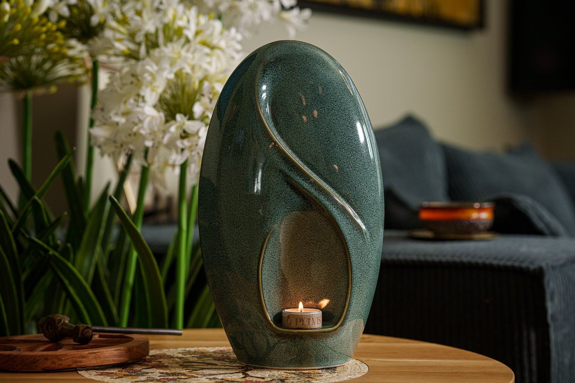 Pulvis Art Urns Adult Size Urn Eternity Handmade Cremation Urn for Ashes - Large | Oily Green Melange