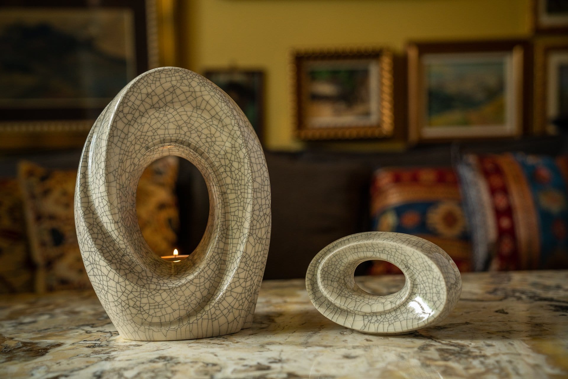 Ceramic Art Urn for Ashes - The Passage- set (craquelure colour with candle ) by Pulvis Art Urns