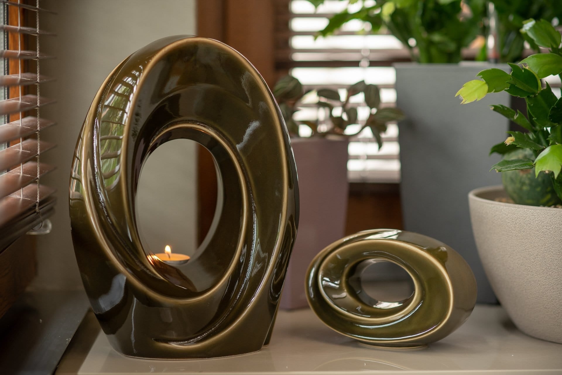 Ceramic Art Urn for Ashes - The Passage- set (Oily green colour with candle ) by Pulvis Art Urns