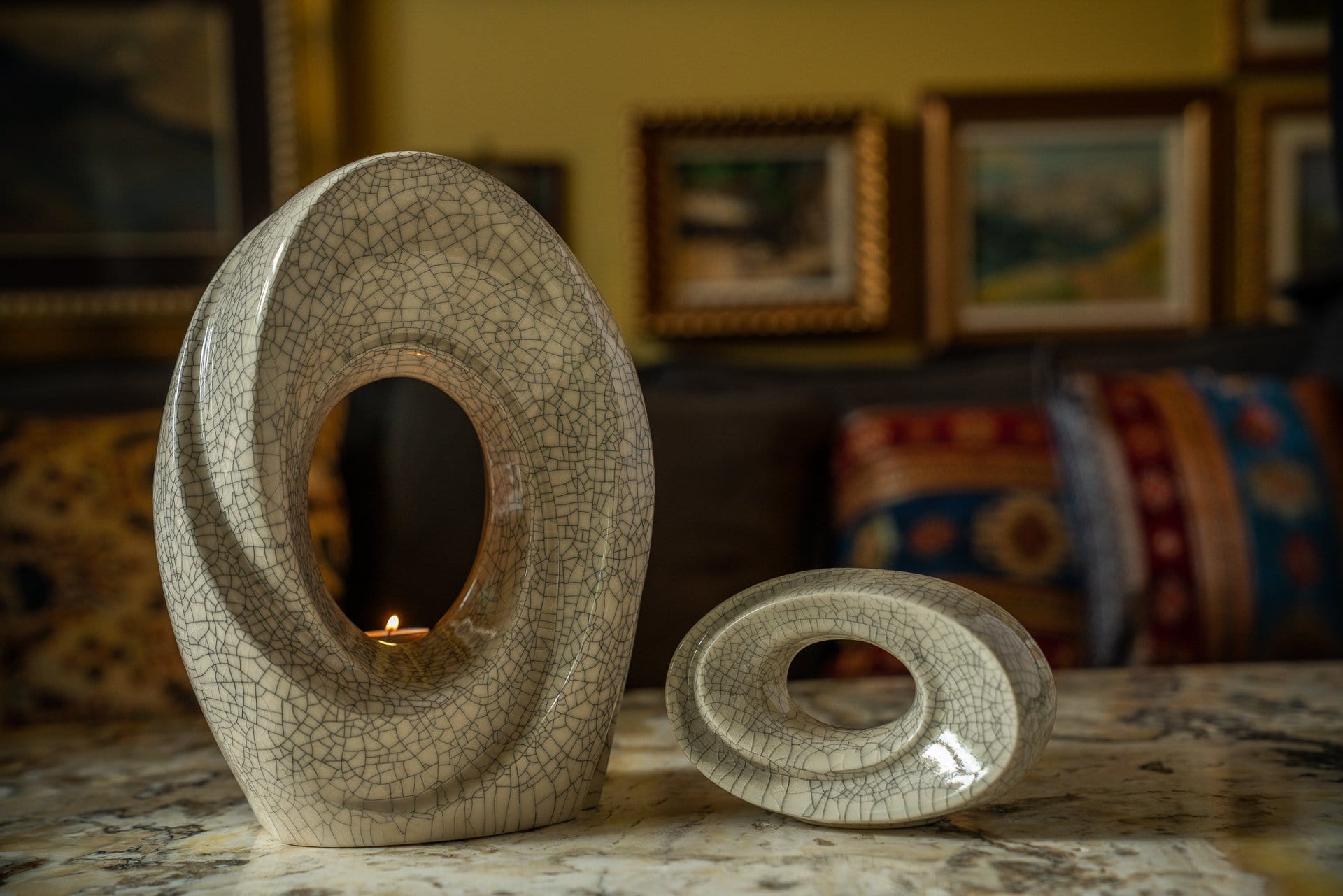 Ceramic Art Urn for Ashes - The Passage- set (craquelure colour with candle ) by Pulvis Art Urns