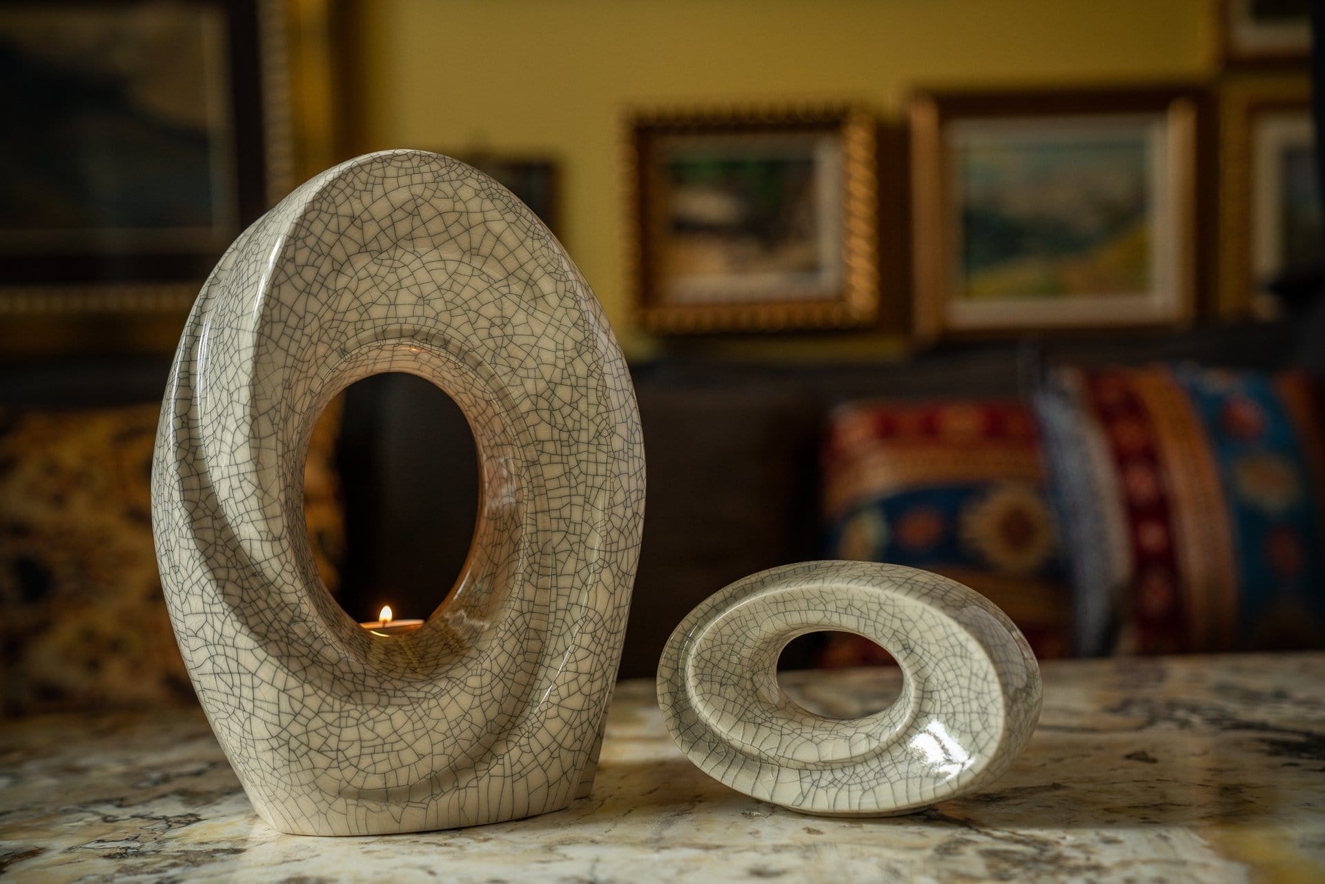 Ceramic Art Urn for Ashes - The Passage- set (craquelure colour with candle ) by Pulvis Art Urns