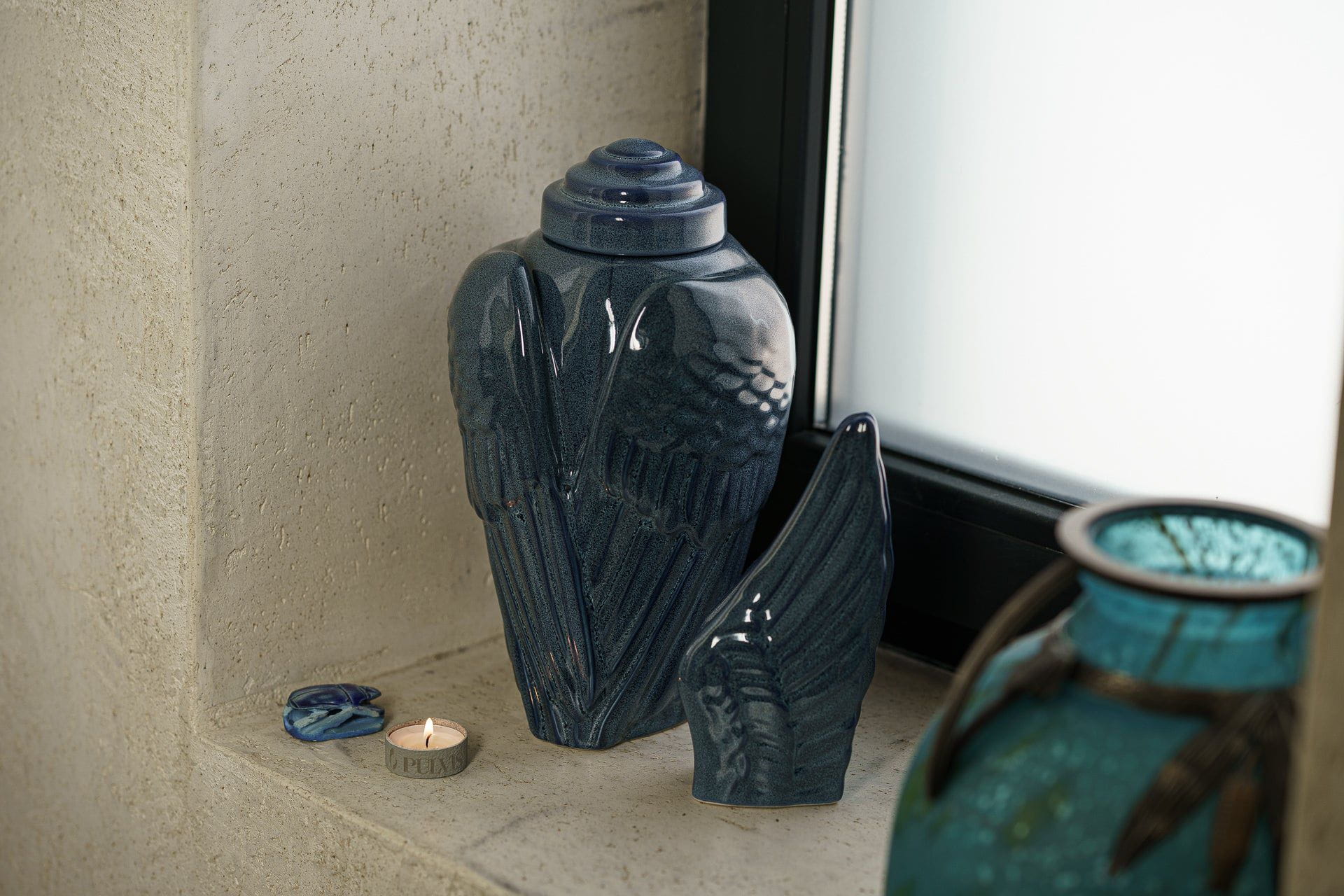 Pulvis Art Urns Adult Size Urn Handmade Cremation Urn for Ashes "Wings" - Large | Blue Melange | Ceramic