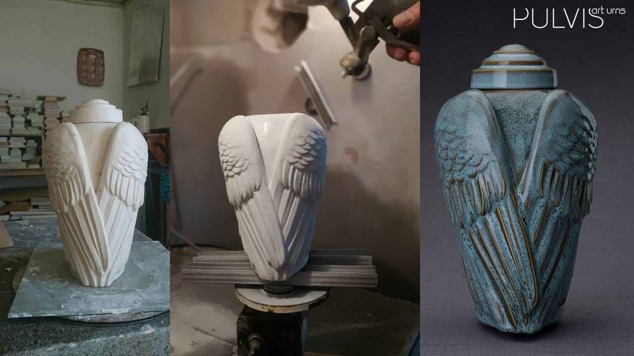 Wings Handmade Cremation Urn for Ashes, size Large/Adult, color Oily Green Melange-Pulvis Art Urns-Pulvis Art Urns