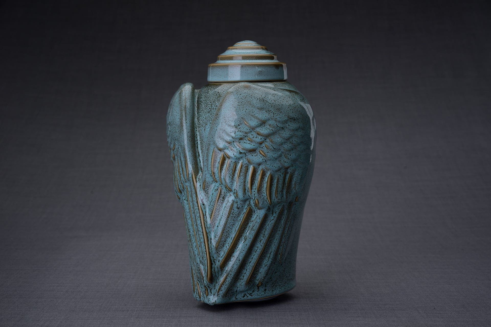 Pulvis Art Urns Adult Size Urn Handmade Cremation Urn for Ashes "Wings" - Large | Oily Green Melange | Ceramic