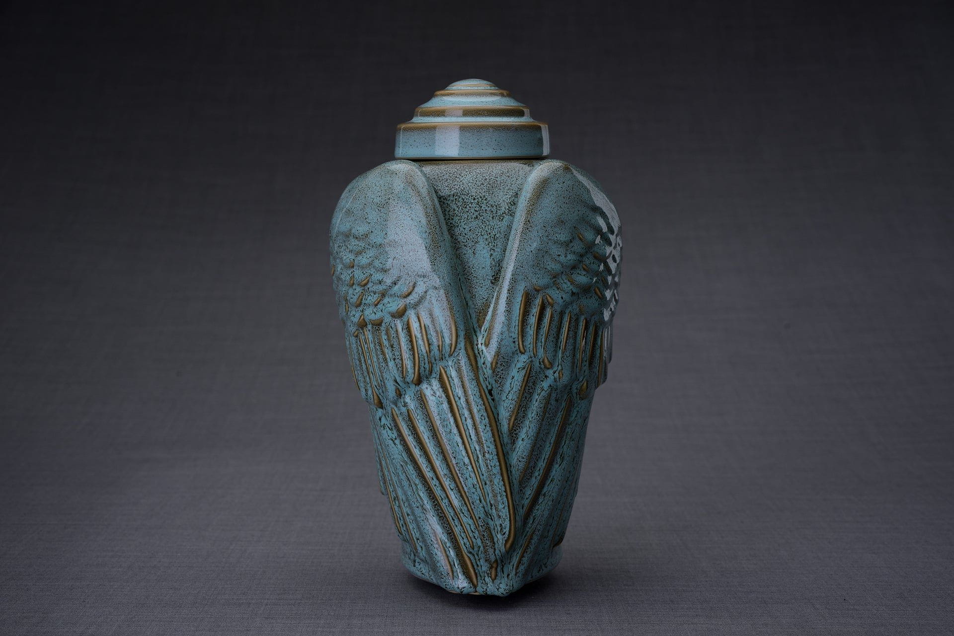 Pulvis Art Urns Adult Size Urn Handmade Cremation Urn for Ashes "Wings" - Large | Oily Green Melange | Ceramic