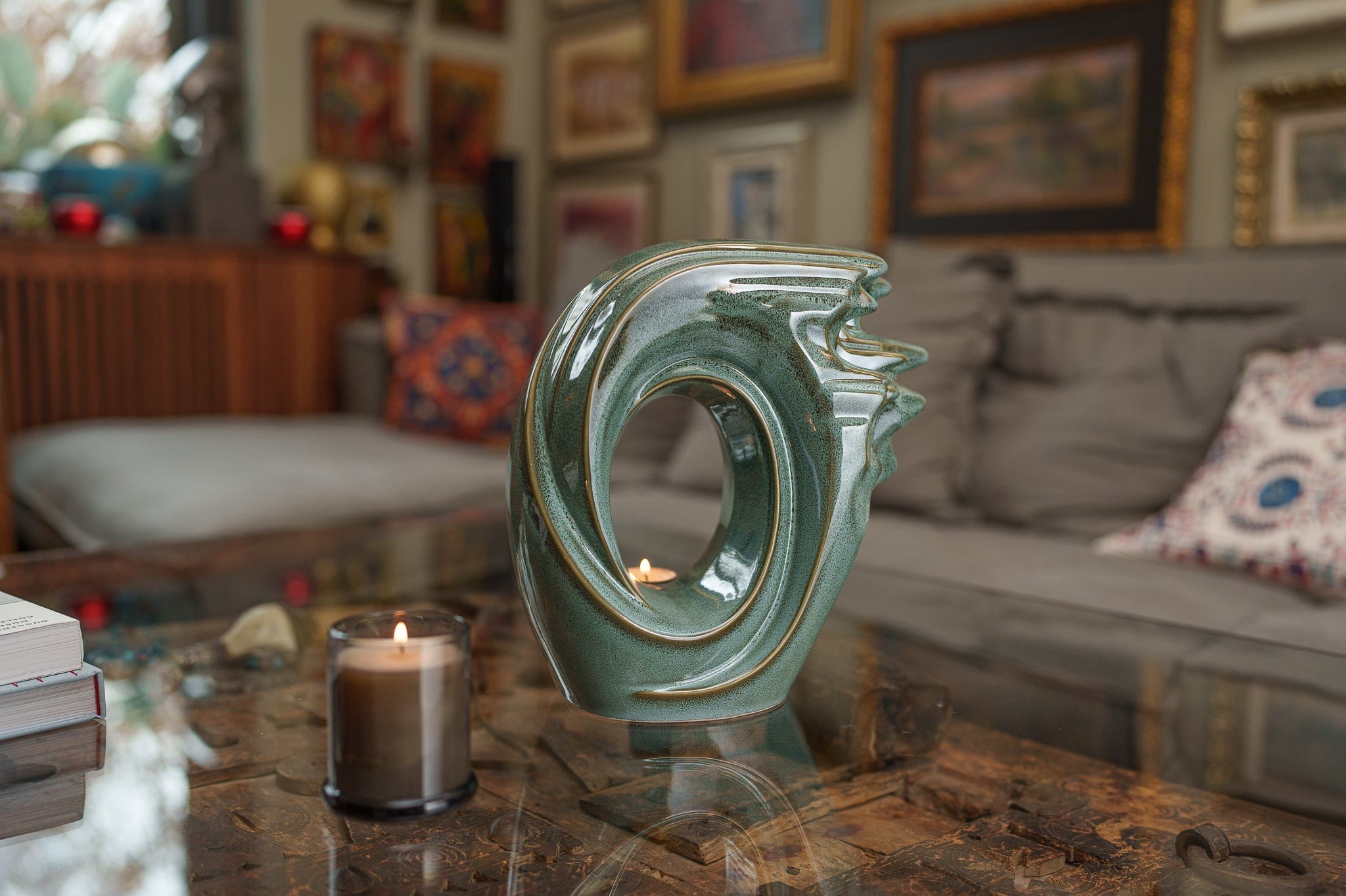 Handmade Cremation Urn "Zephyr" - Adult Ceramic Urn | Oily Green Melange