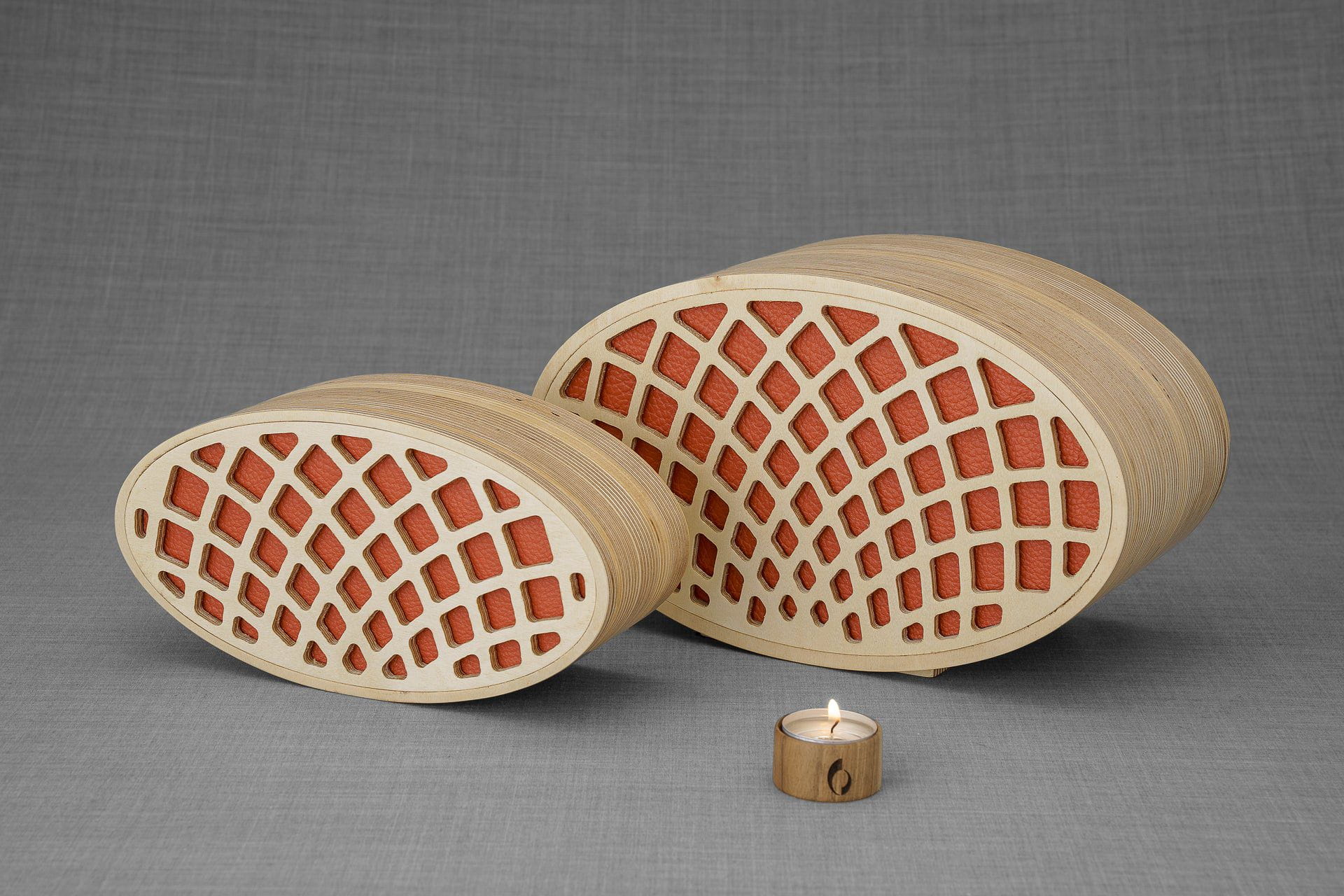 Pulvis Art Urns Adult Size Urn Wooden Cremation Urn "Remembrance" - Handmade - Orange Leather