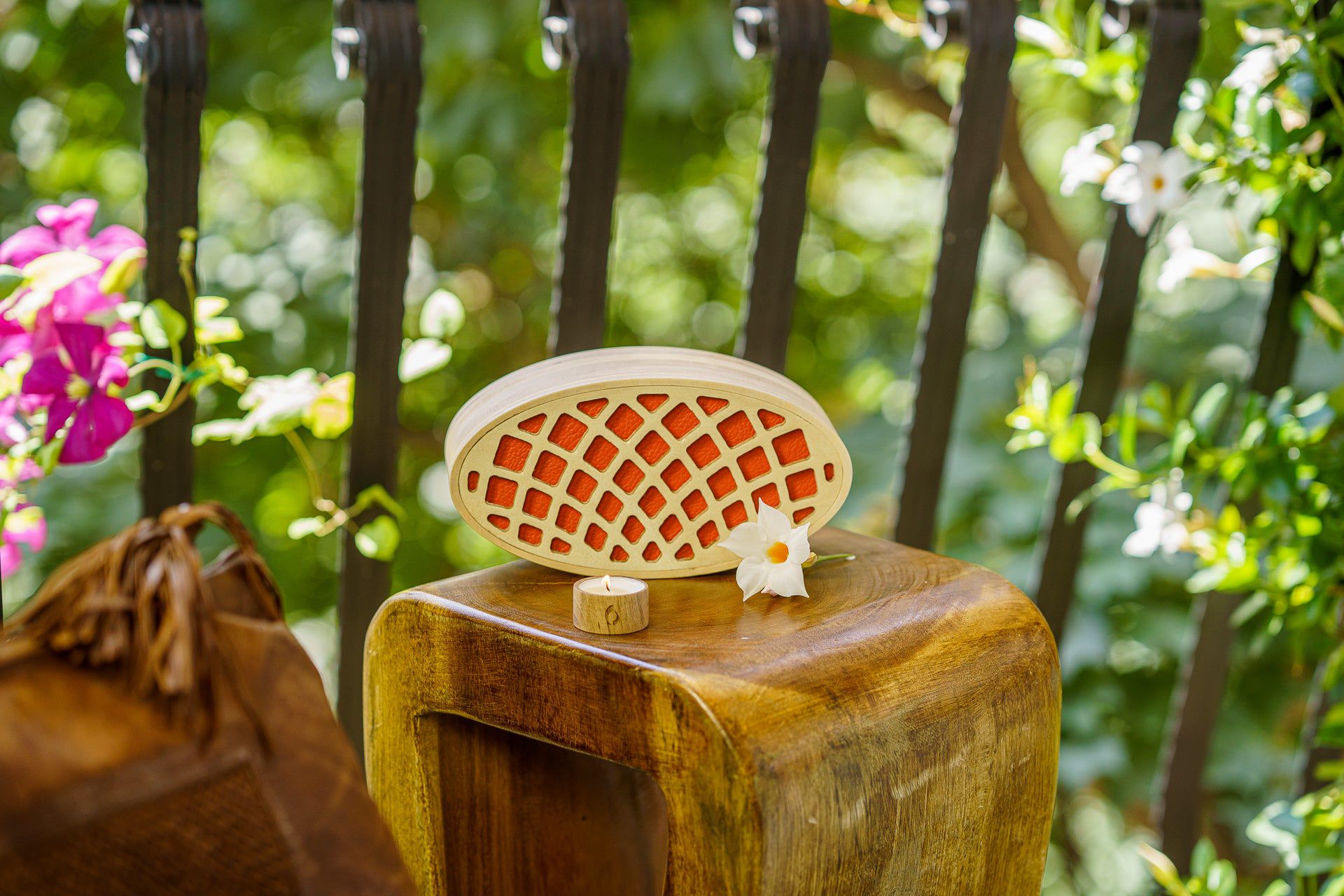 Pulvis Art Urns Adult Size Urn Wooden Cremation Urn "Remembrance" - Handmade - Orange Leather