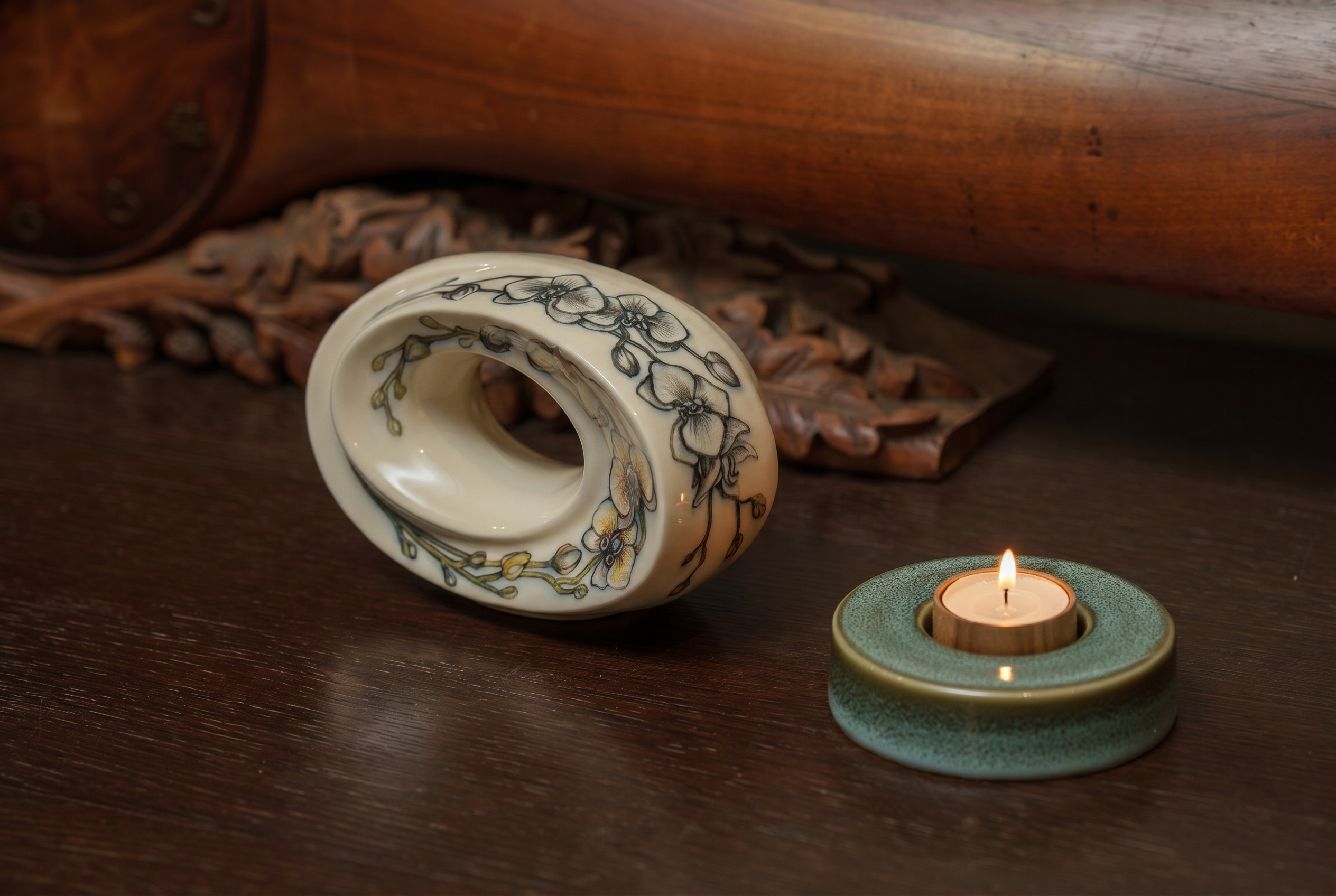 Hand Decorated Urn "The Passage - Orchids" - Small Ceramic Urn for Human Ashes - Pulvis Art Urns