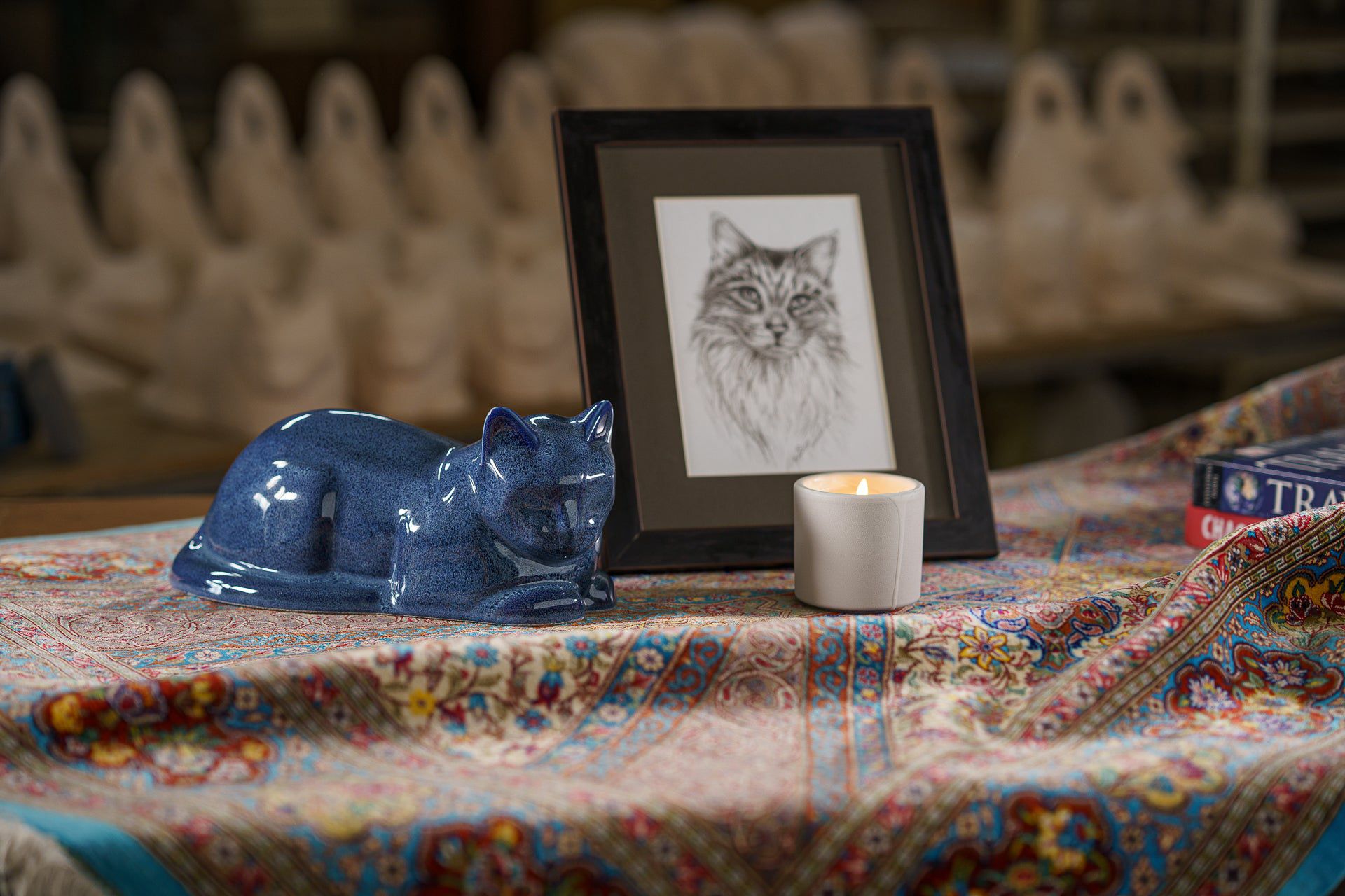Pulvis Art Urns Mini Cat Memorial Bundle - 4 Pieces - Portrait | Urn | Nameplate Holder | Scented Candle