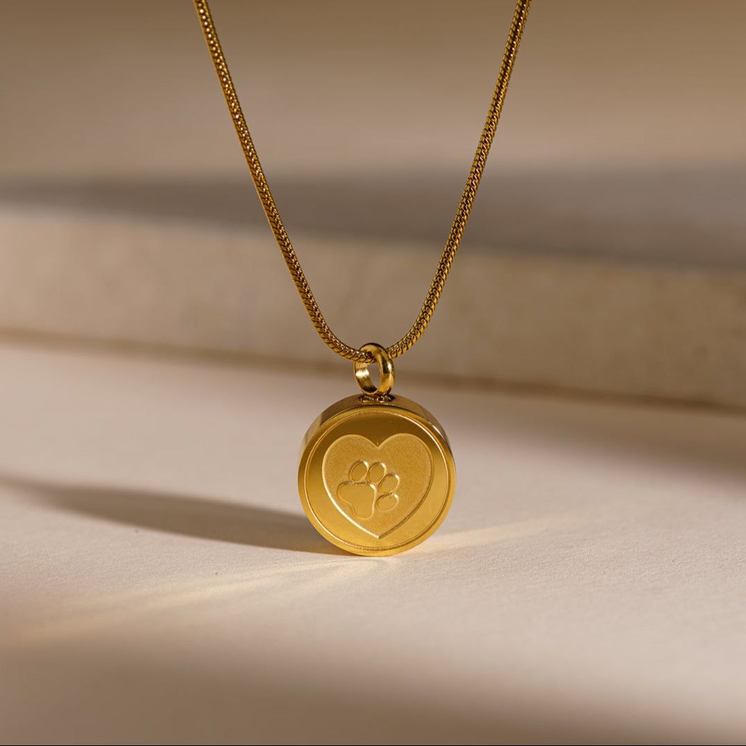 Pulvis Art Urns Pet Cremation Necklace – Paw | Stainless Steel | Memorial Jewelry | Gold Finish