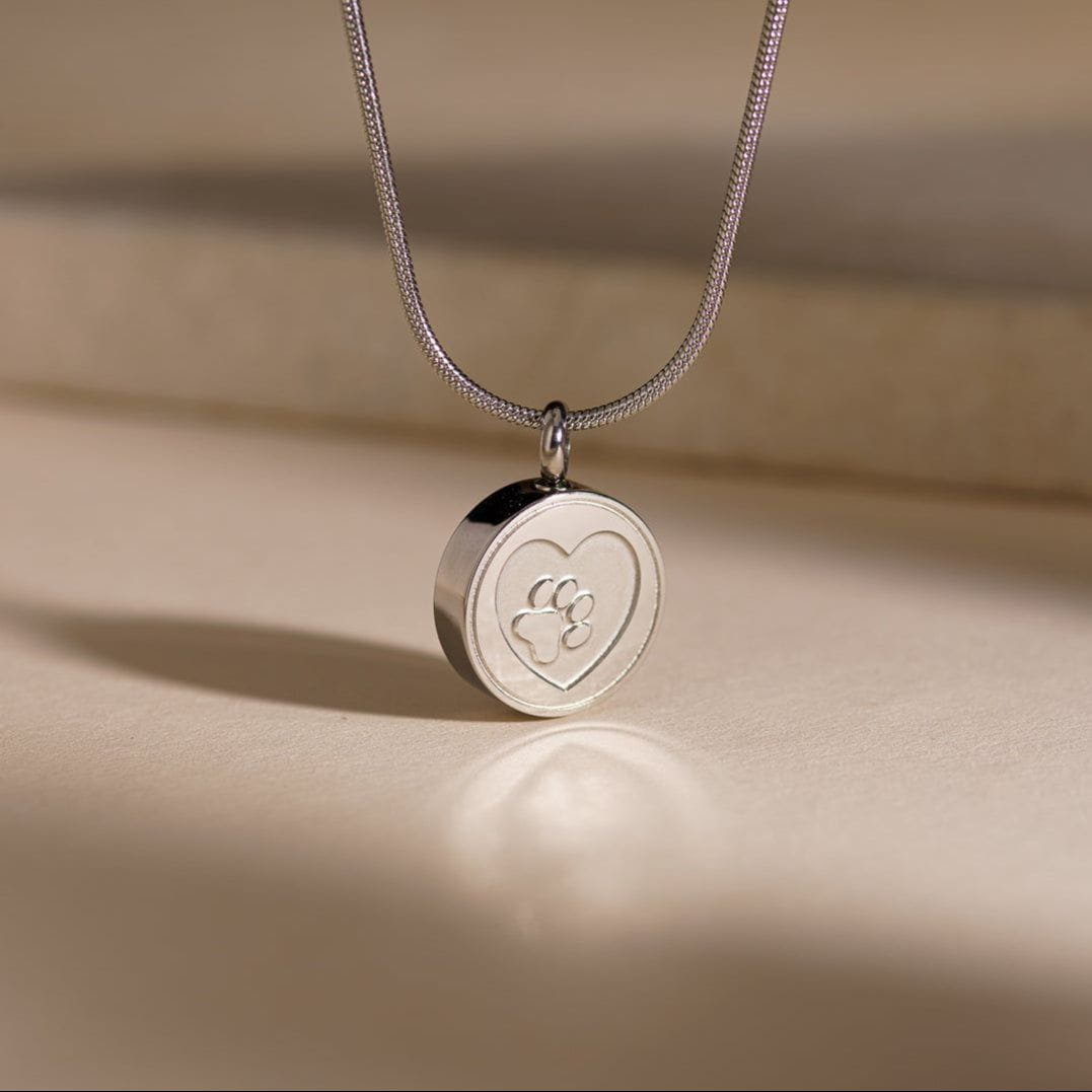 Pulvis Art Urns Pet Cremation Necklace – Paw | Stainless Steel | Memorial Jewelry | Silver Finish