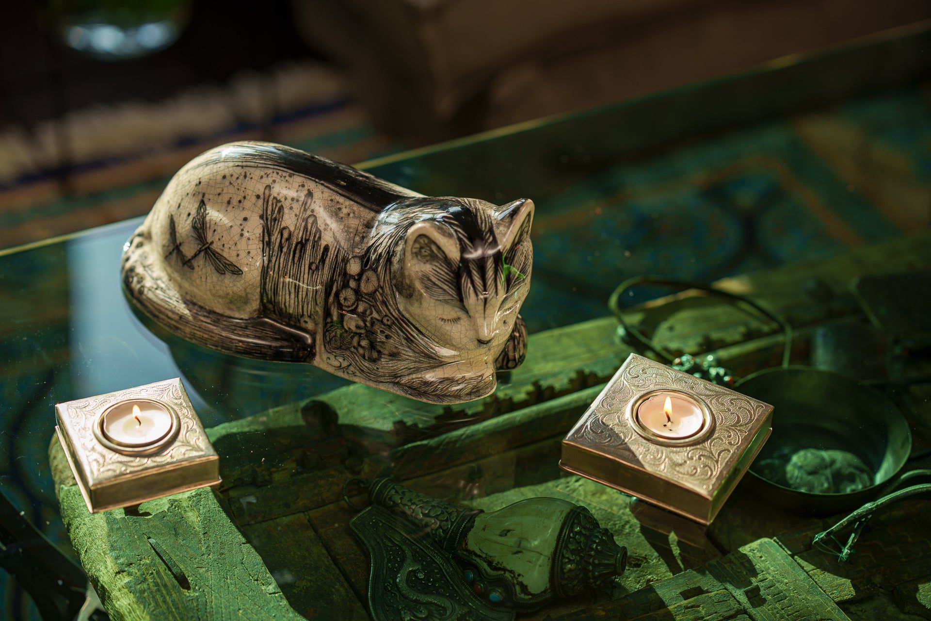 Pulvis Art Urns Pet Urn Hand Decorated Cat Urn for Ashes "Mystic" - Ceramic | Handmade