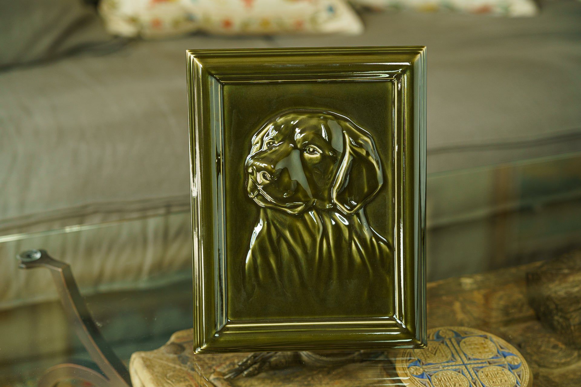 Pulvis Art Urns Pet Urn Labrador Pet Urn for Ashes - Oily Green | Ceramic | Handmade