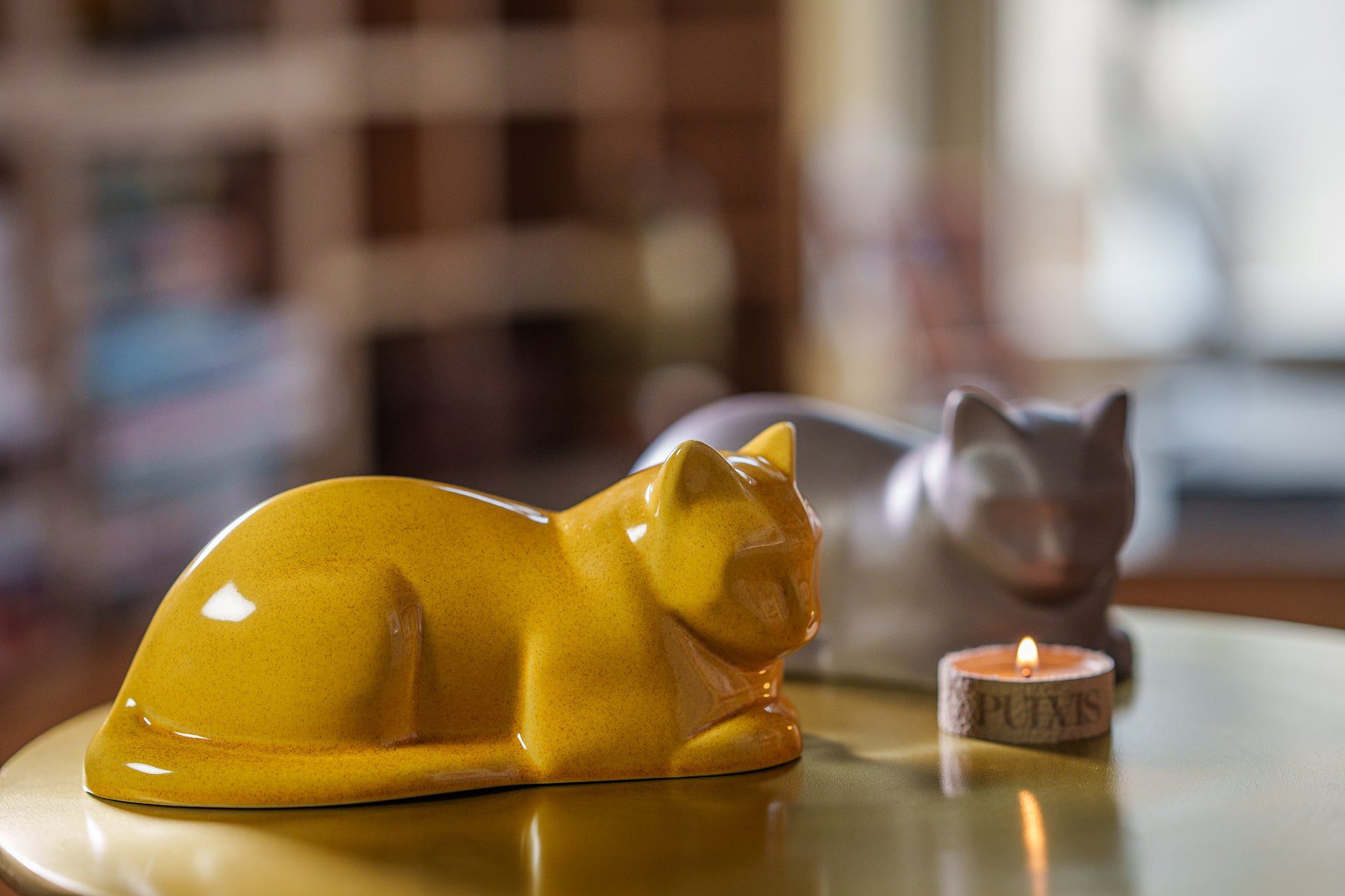 Pulvis Art Urns Pet Urn Mini Laying Cat Cremation Urn - Amber Yellow| Ceramic
