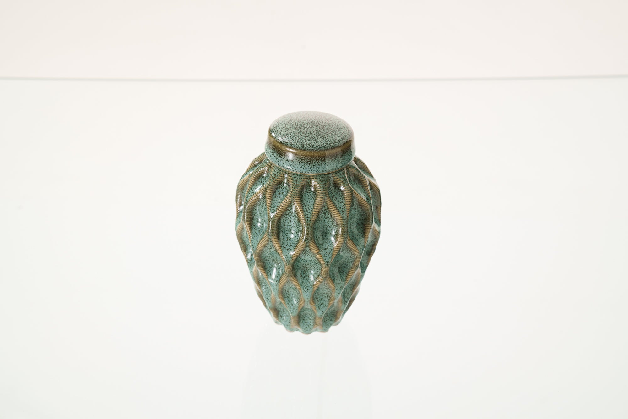 Cremation Urn "Echo" - 3D Printed Ceramic Urn | Oily Green Melange | Keepsake