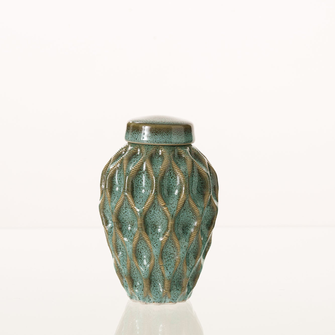 Cremation Urn "Echo" - 3D Printed Ceramic Urn | Oily Green Melange | Keepsake