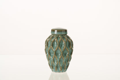 Cremation Urn "Echo" - 3D Printed Ceramic Urn | Oily Green Melange | Keepsake