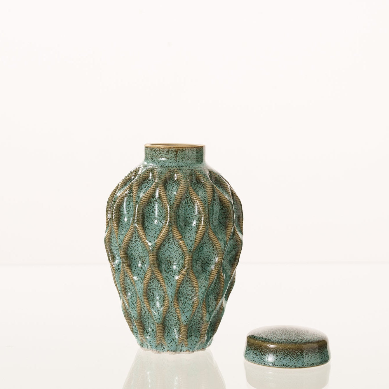 Cremation Urn "Echo" - 3D Printed Ceramic Urn | Oily Green Melange | Keepsake