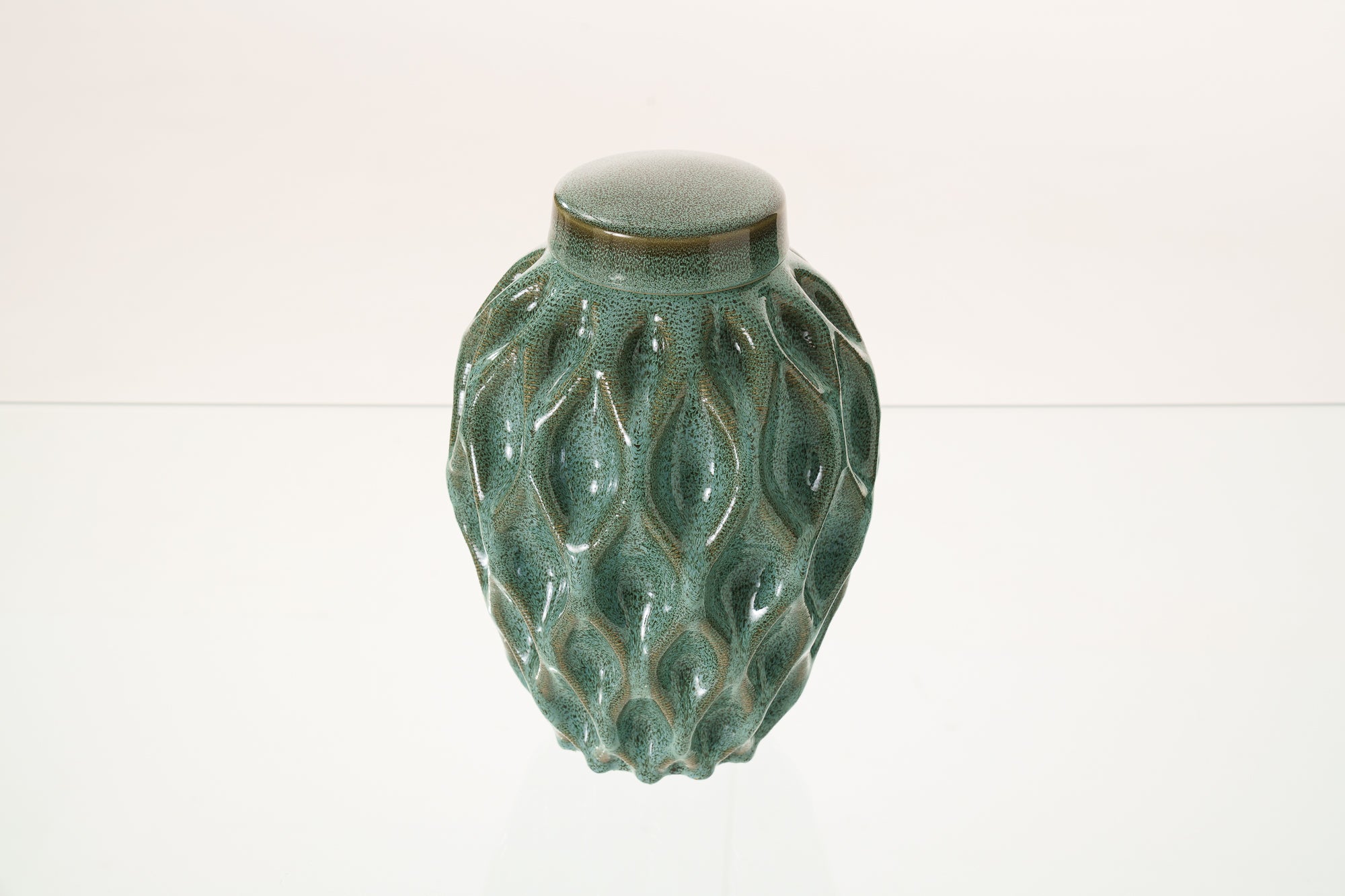Cremation Urn "Echo" - 3D Printed Ceramic Urn | Oily Green Melange | Large