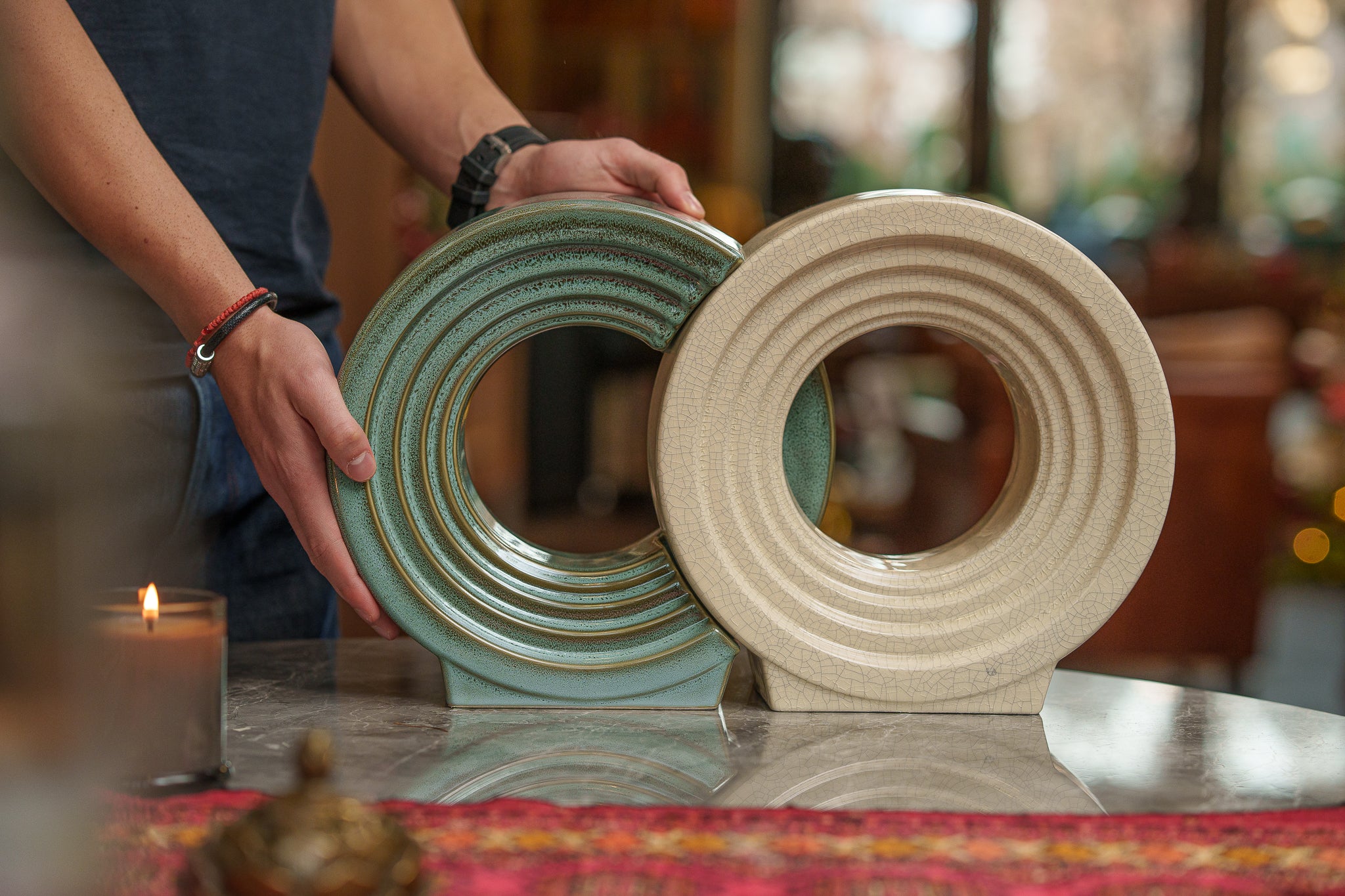 Pulvis Art Urns Adult Size Urn Cremation Urn "Solace" - Adult Memorial Urn | Oily Green Melange | Ceramic