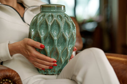 Cremation Urn "Echo" - 3D Printed Ceramic Urn | Oily Green Melange | Large