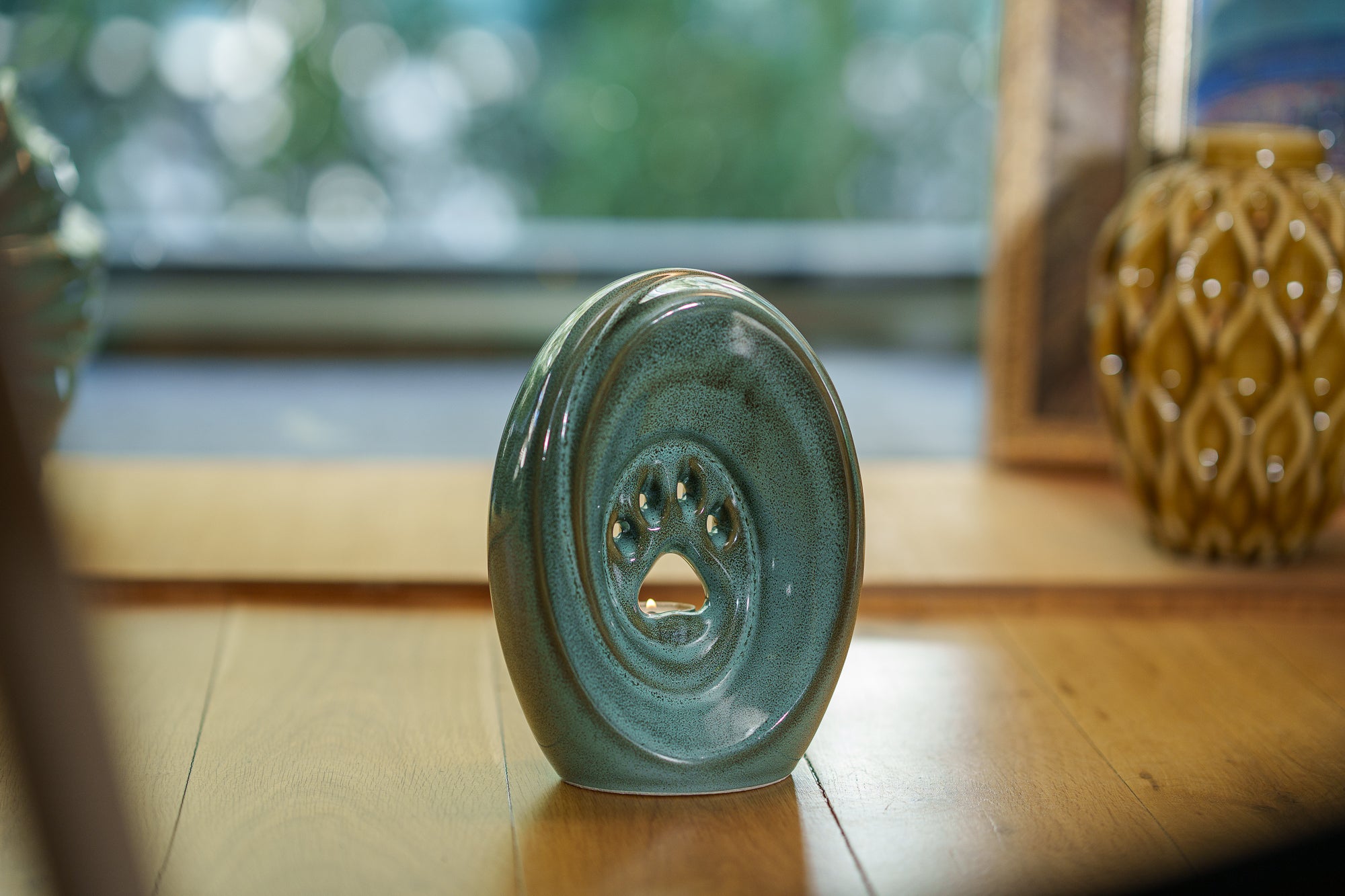 Large Paw Cremation Urn - Oily Green Melange | Ceramic | Handmade Pet Urn