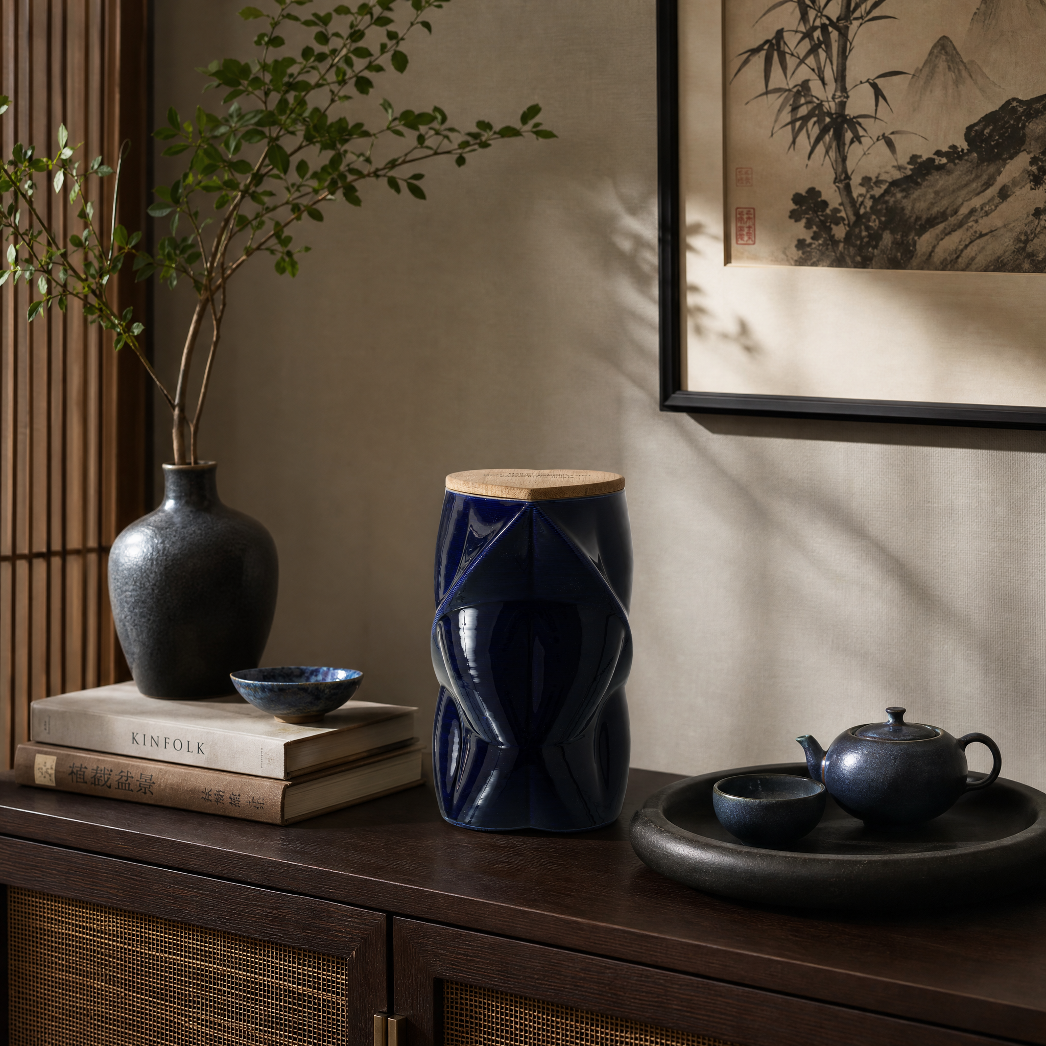 Pulvis Art Urns Adult Size Urn Cremation Urn "Nexus" - 3D Printed Ceramic Urn | Cobalt Metalic | Large