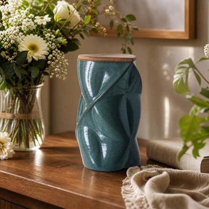 Pulvis Art Urns Adult Size Urn Cremation Urn "Nexus" - 3D Printed Ceramic Urn | Oily Green | Large