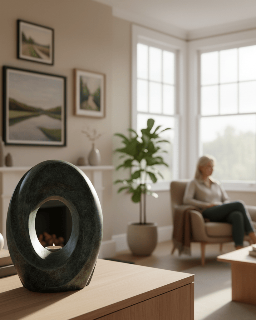 Living room with a decorative urn sculpture on a table, a woman sitting in the background.