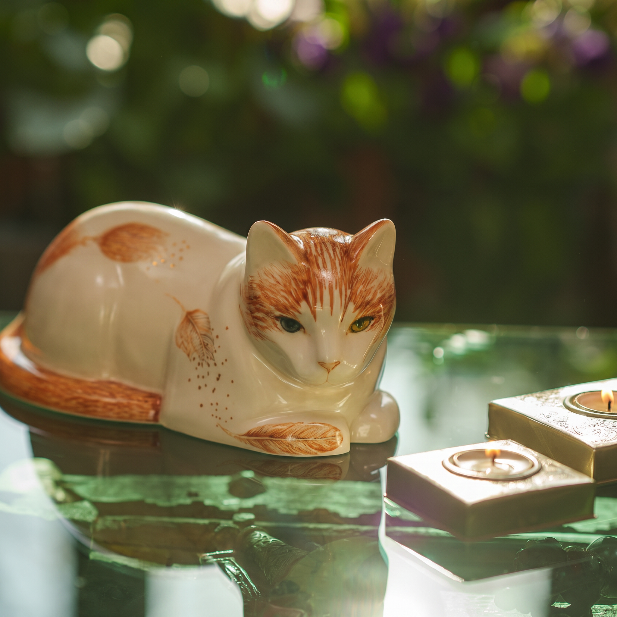 Hand Decorated Pet Urn - Feathers - Cat urn - Ceramic Cat Urn - Pulvis Art