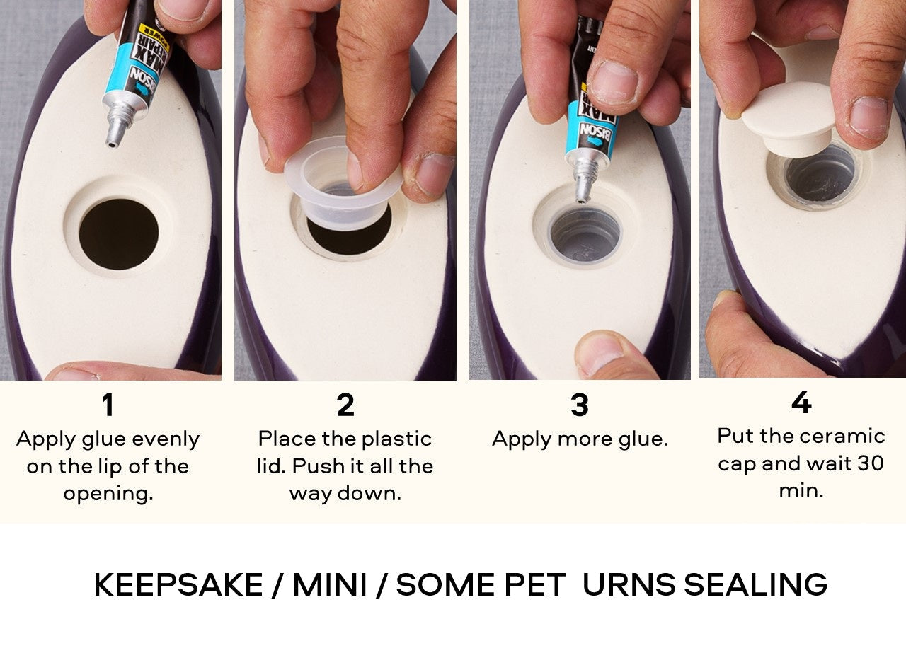 Step-by-step guide on sealing a ceramic pet urn with glue and a plastic lid.