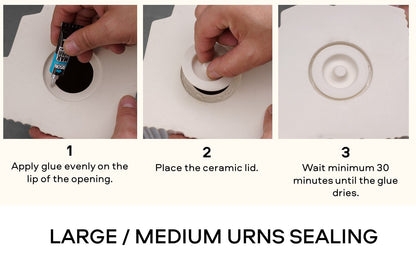 Step-by-step guide on sealing large or medium urns with glue and a ceramic lid.