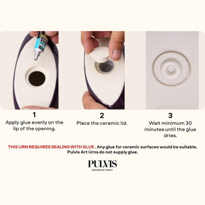Step-by-step guide on sealing a ceramic urn with glue, featuring hands applying glue and placing a lid.