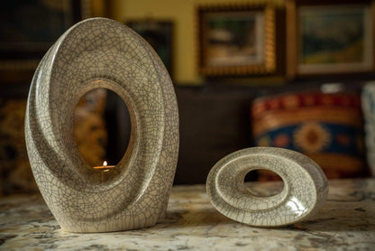 Ceramic Art Urn for Ashes - The Passage- set (craquelure colour with candle ) by Pulvis Art Urns 