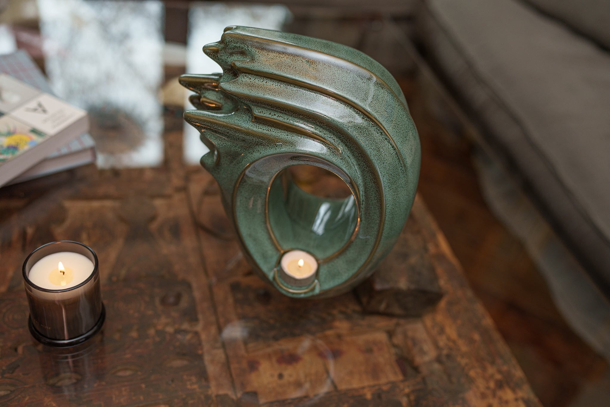 Handmade Cremation Urn "Zephyr" - Adult Ceramic Urn | Oily Green Melange