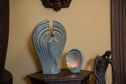 Pulvis Art Urns Adult Size Urn + Keepsake Urn Set Of Ceramic Art Urns for Ashes "Guardian" - (Large urn + Keepsake)