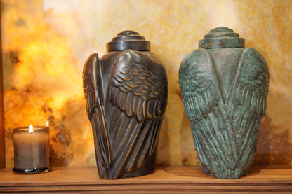 Pulvis Art Urns Exclusive Urn Cast Bronze Cremation Urn "Wings" - Green Patina | Exclusive Bronze Urn